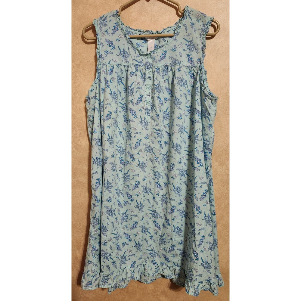 Adonna Sleepwear Womens XL Blue Floral Cotton Sleeveless Ruffle Nightgown VTG